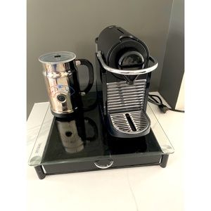 Nespresso Pixie + Milk Frother + Pod storage